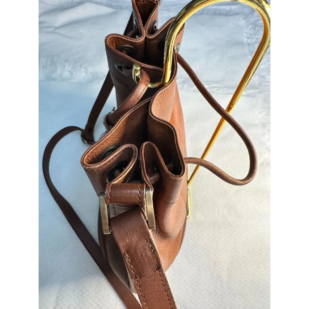 BURBERRYS Brown Leather Drawstring Bucket Bag COA Nova Check Haystack Lining VTG - Picture 5 of 14